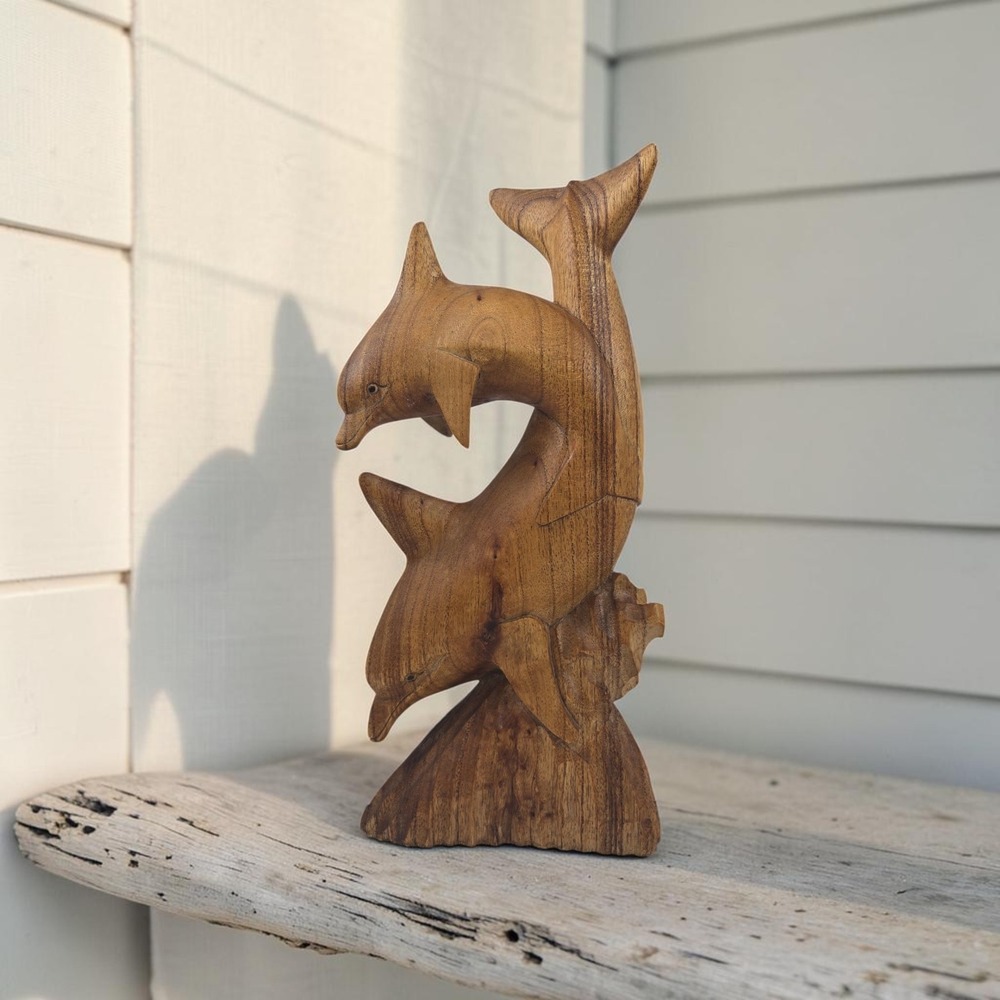 Vtg Hand-Carved Suar Wood Double Dolphin Sculpture 12" Smooth Monkeypod Coastal